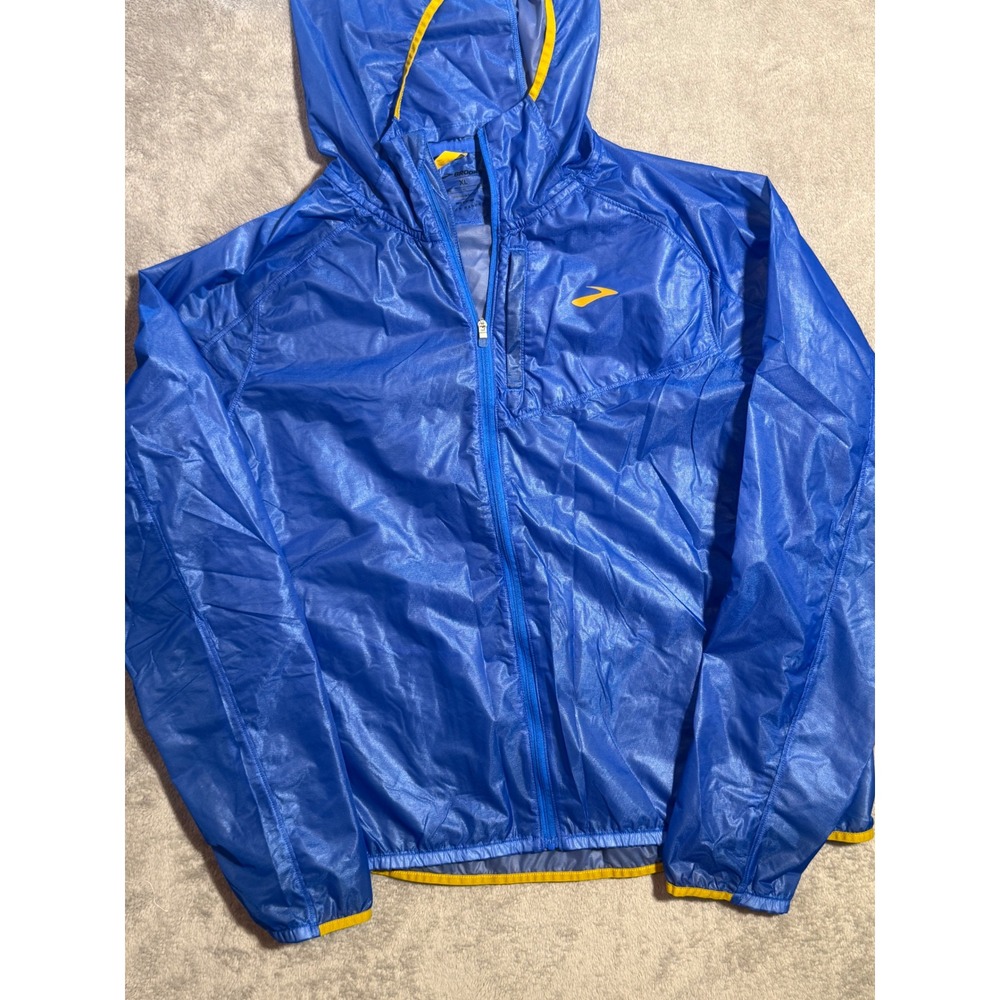 Brooks Run Happy Blue Yellow Hooded Windbreaker Jacket Womens XL Full Zip